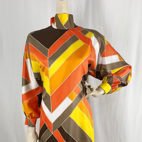 Vintage 1970s Maxi Dress Bold Geometric Print Orange Brown Neck Scarf - Picture 2 of 7